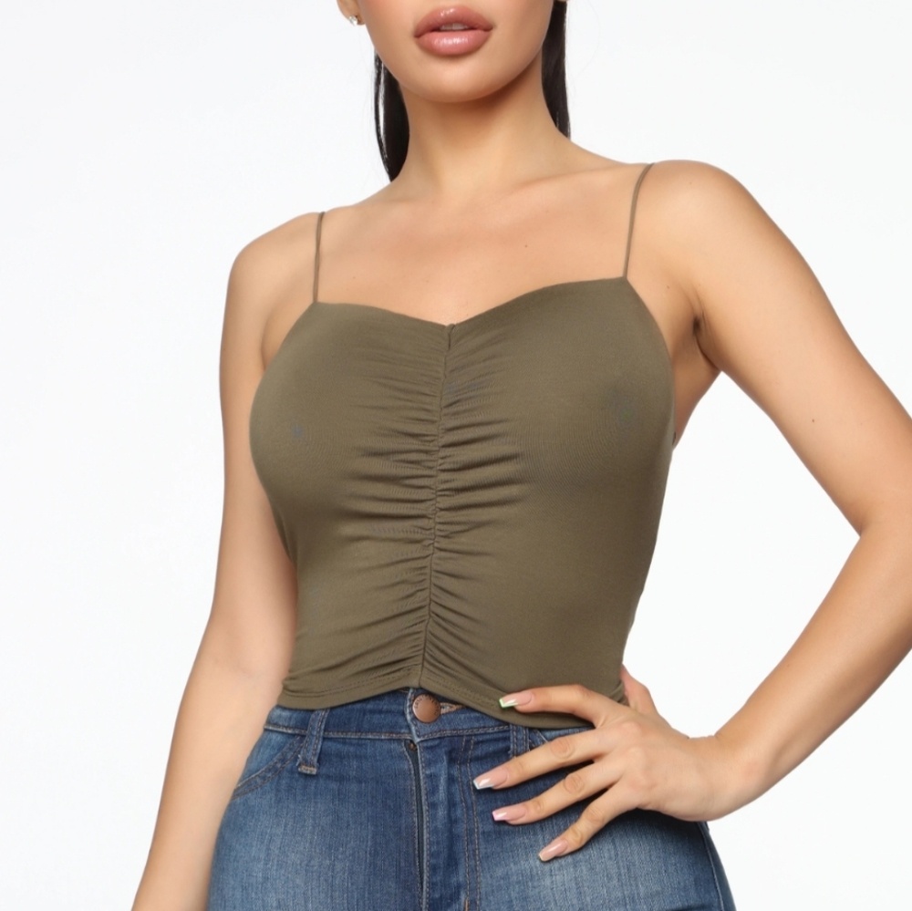 Sexy Bodycon Runched Strap Cami Crop Top Olive Dark Army XS Spaghetti